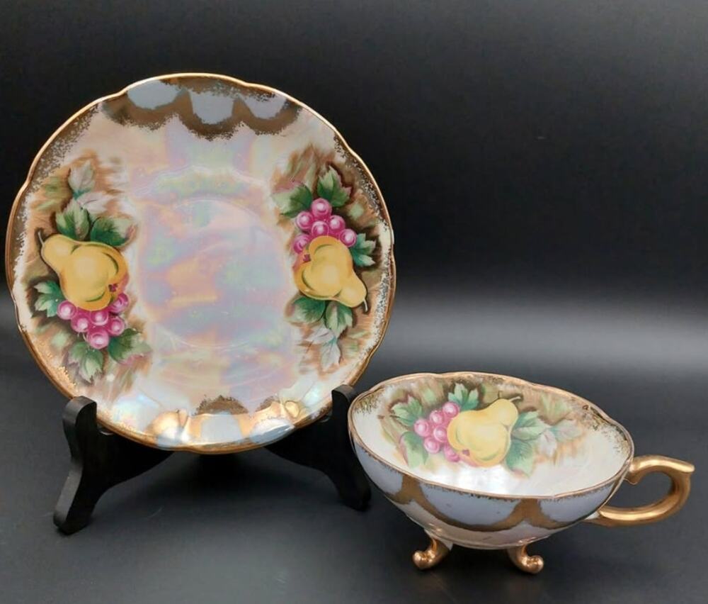 Trimont Ware Japan Lusterware Teacup Saucer Fruit Iridescent Footed Tea Cup